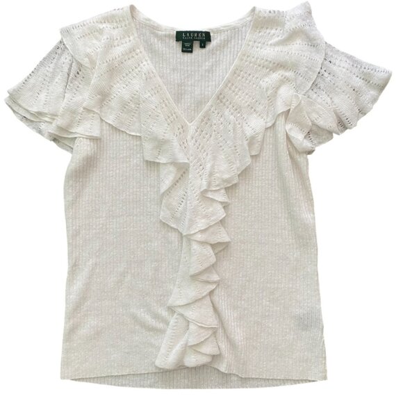 Ralph Lauren Tops - Ralph Lauren 100% Linen Crochet Knit Ruffled Blouse in Cream White Size S
